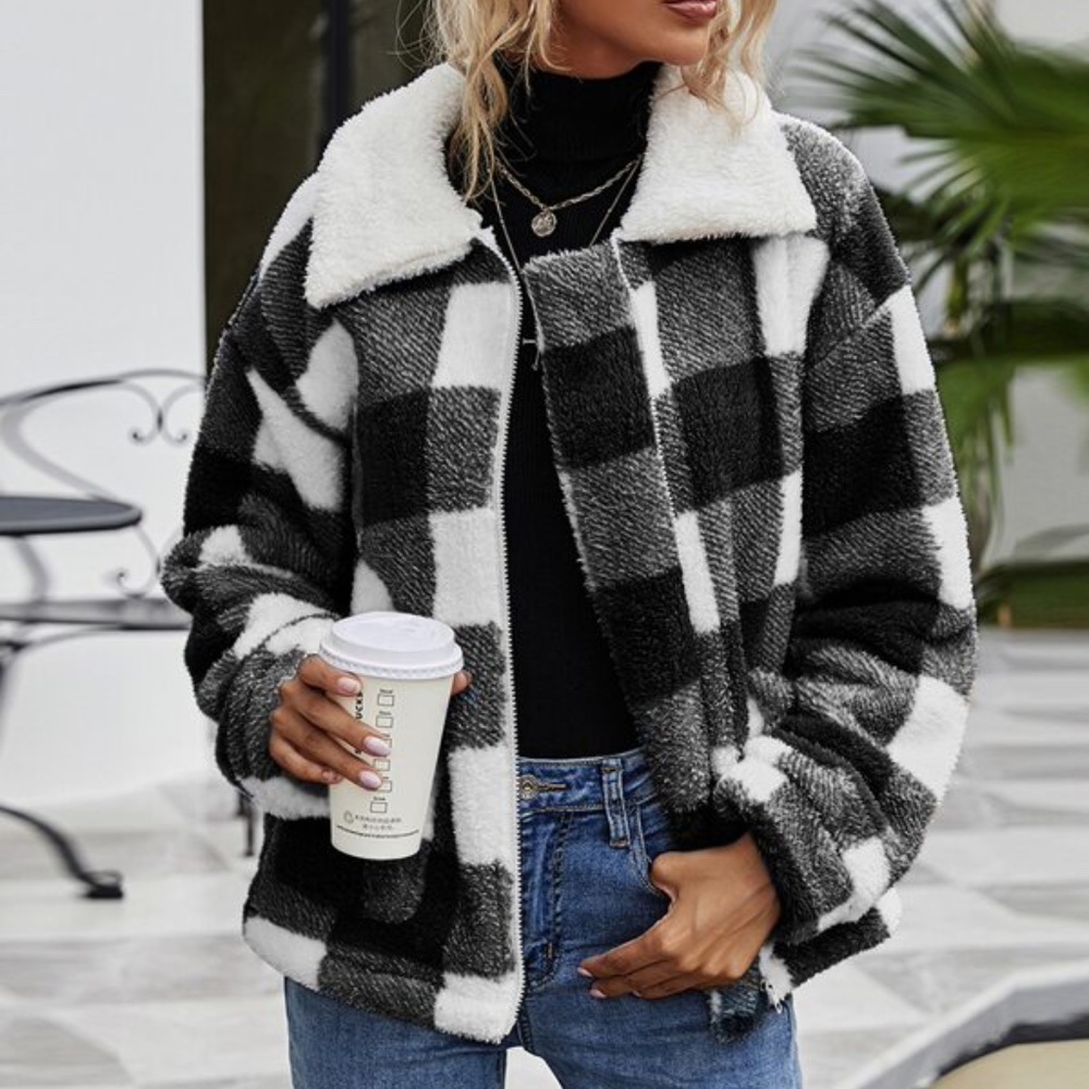 Black plaid collar pocket Teddy Jacket Shacket - Picture 1 of 10
